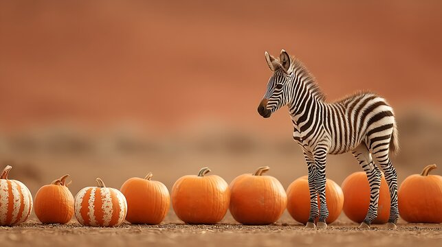 Baby zebra foal standing beside a row of pumpkins