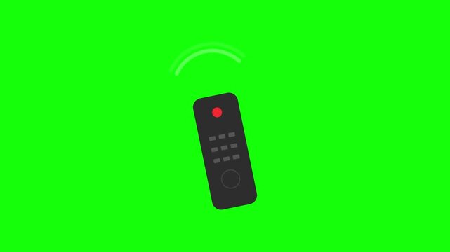 Flat illustration of a black television remote control with a red power button and wireless signal waves, isolated on a solid bright green screen background for video keying.