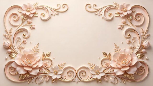 Elegant matte pale peach pink flowers, decorative 3D floral frame border, premium wallpaper backdrop, graceful delicate swirling scrolls with gold accents, plain creamy ivory background, copy space