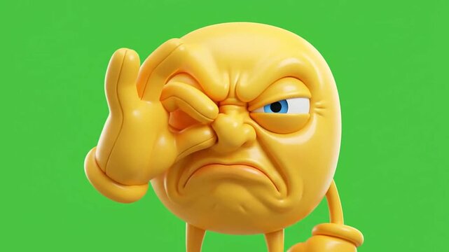 Angry 3d emoji character looking through fingers on green screen