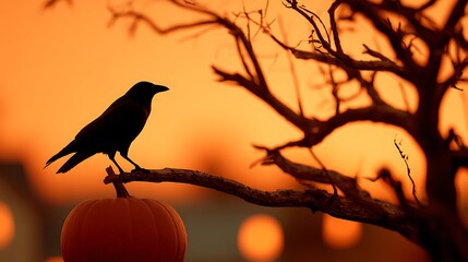 Obraz premium Crow silhouette perched on a jack-o-lantern at sunset