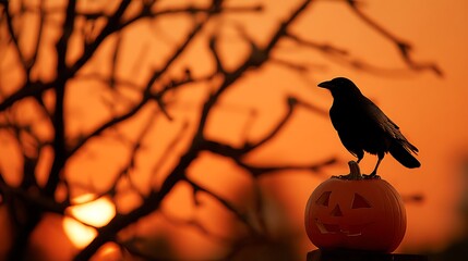 Obraz premium Crow silhouette perched on a jack-o-lantern at sunset