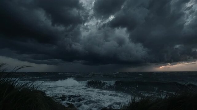 Dramatic storm clouds gather over turbulent ocean waves during twilight with distant lightning strike