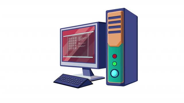 Desktop computer. Computer computing animation, alpha channel. Cartoon