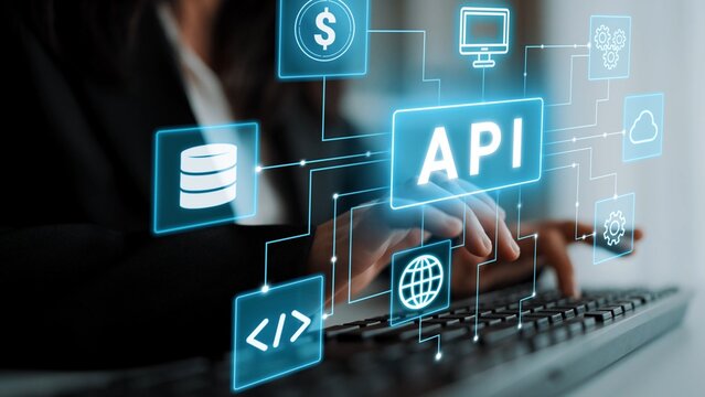 Businessperson Working on API Integration with Data Analysis, Cloud Computing, and Technology Icons in a Modern Office Environment. Entropy.