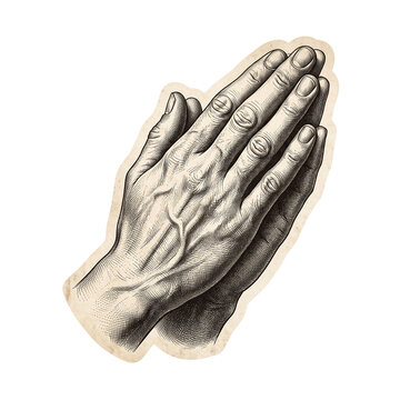 Vintage engraved illustration of folded human hands in prayer position isolated
