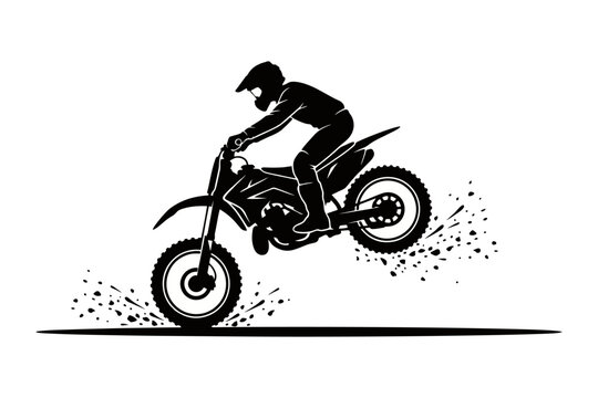 Motocross rider landing after a jump, motorcycle angled slightly downward, dynamic athletic body position, clean monocolor solid vector, isolated white background, simple silhouette