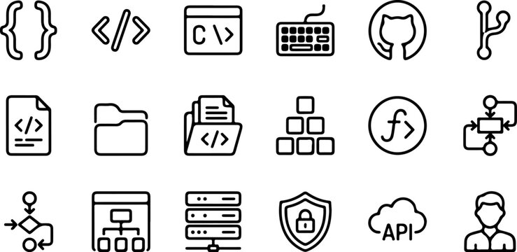 Set of programming and software development line icons, including coding, database, cloud, and security symbols for web and mobile applications