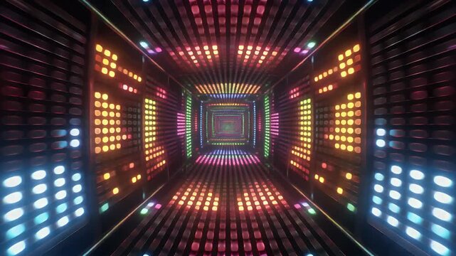 A vibrant, endlessly receding tunnel of colorful lights.