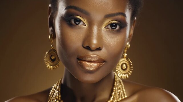 A triptych of a woman's face with golden makeup and earrings.