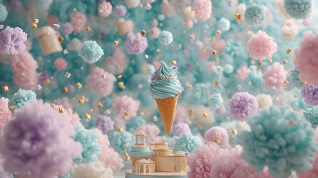 Whimsical pastel ice cream cone surrounded by fluffy pom poms confetti. Single blue ice cream cone with sprinkles floats in dreamlike pastel environment filled with soft pom poms and golden confetti