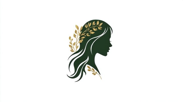 Woman Silhouette with Golden Leaves. Elegant profile silhouette of a woman adorned with delicate golden branches and leaves woven into her dark green hair