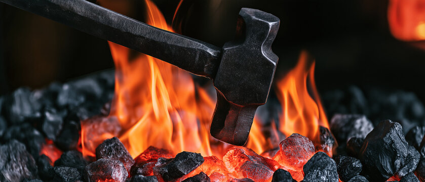 Hammering Metal in the Forge: A blacksmith's hammer strikes glowing hot coals in a fiery forge, capturing the intense heat and power of traditional metalworking.
