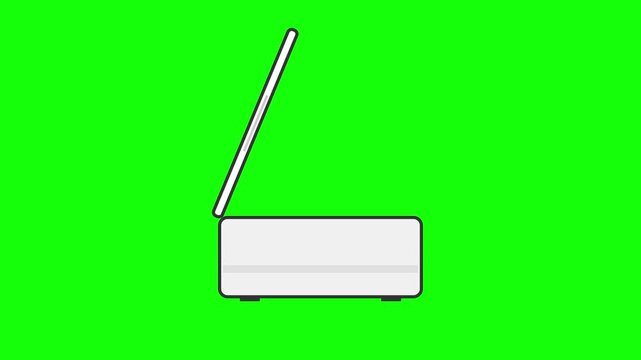 Minimalist 2D vector illustration of an open flatbed document scanner with a glowing green light on the scanning glass, isolated on a bright chroma key green background.