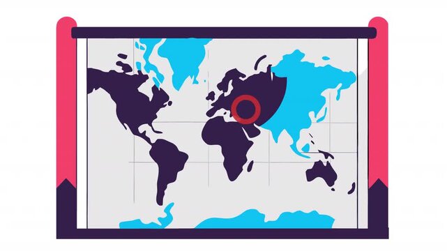 World map concept for military strikes. Europe and Asia animation, alpha channel. Cartoon