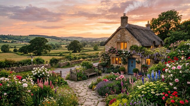 Charming stone cottage with a vibrant flower garden in a picturesque rural landscape at sunset