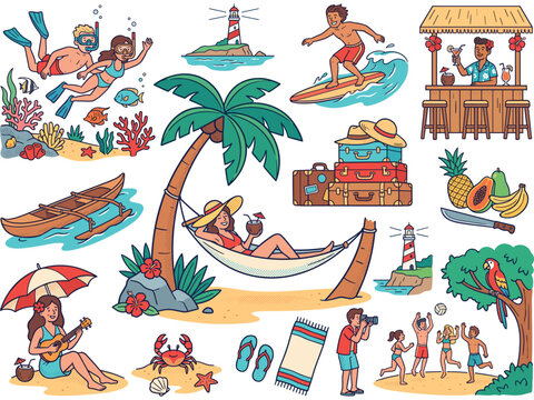 Fun Summer Vacation Activities Set with Snorkeling and Tropical Bar Flat Vector