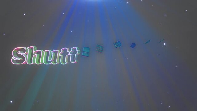 Shutter speed typographic design created with iridescent outline font and floating cubes under glowing blue light rays.