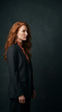 Professional Redhead Woman in Dark Suit Standing Profile View