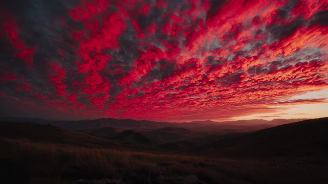 Dramatic sunset sky with fiery clouds over rolling hills during golden hour cinematic motion