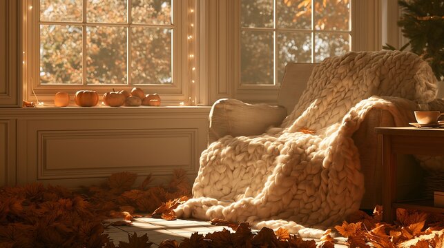 Cozy fall scene with a chair and warm blanket by the window