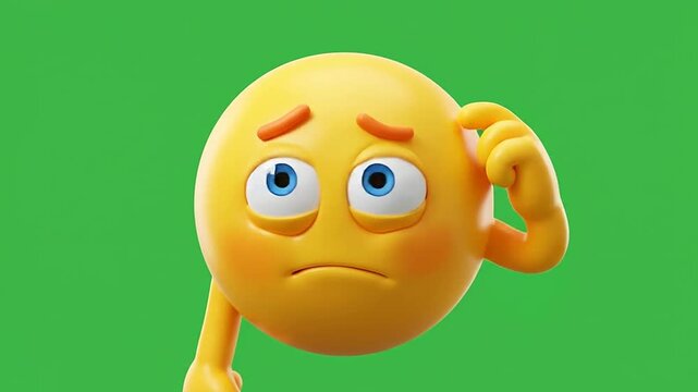 Thinking 3d emoji character with confused expression on green screen