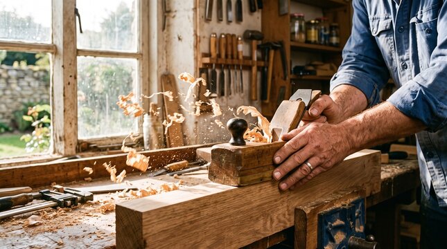Carpenter smoothing oak wood with a hand plane in a traditional woodworking workshop