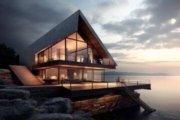 Naklejka premium Contemporary cliffside house with a glass facade and illuminated interiors at dusk