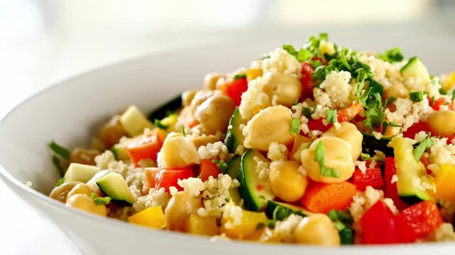 fresh quinoa or couscous salad with chickpeas, peppers and herbs close-up
