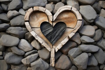 Obraz premium Stone heart sculpture embedded into a textured natural rock wall, symbolizing love and solidity