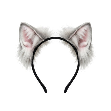 Fluffy cat ears headband, grey faux fur animal ears accessory, realistic wolf or kitten cosplay headpiece on white background
