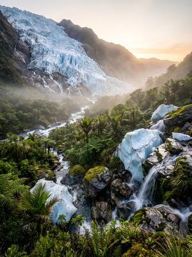 Franz Josef Glacier Waterfall Amidst Lush Forest