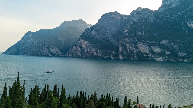 Lake Garda with mountain panorama near the town of Riva del Garda, Italy.