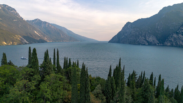 Lake Garda with mountain panorama near the town of Riva del Garda, Italy.