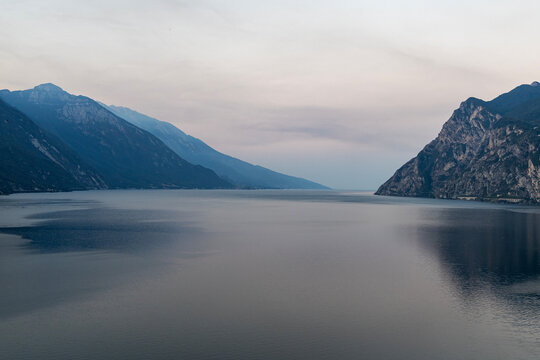 Lake Garda with mountain panorama near the town of Riva del Garda, Italy.