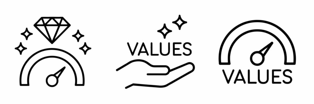 Set of linear business icons representing core values diamond and gauges