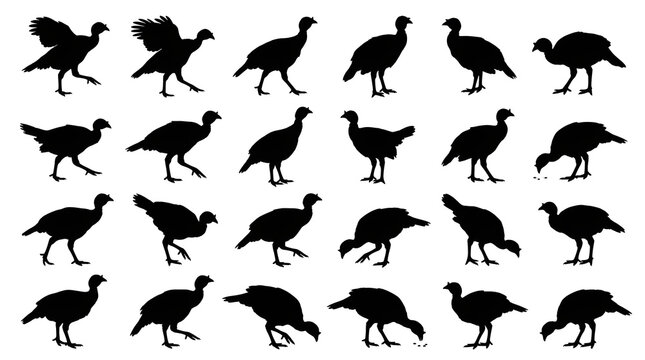 A collection of black turkey silhouette graphics representing a thanksgiving bird poultry farm bird animal silhouette isolated vector design set