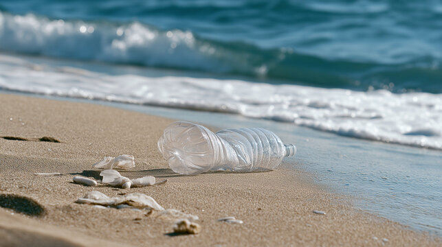 Plastic Bottle Pollution on Beach: A solitary plastic bottle lies discarded on a sandy beach, with gentle waves lapping at the shore.