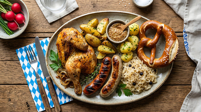 Traditional German Oktoberfest platter with roasted chicken sausages pretzels and potatoes.