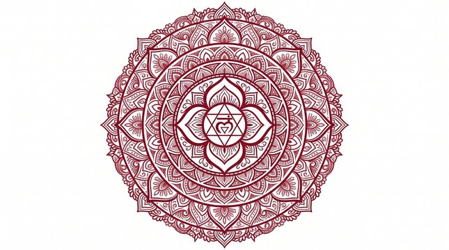 Intricate Red Mandala Design with Heart Chakra Symbol Centered on White Background
