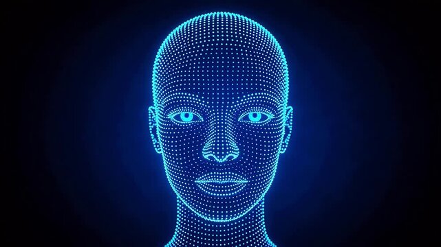 Digital face composed of glowing dots