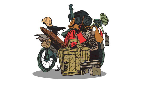 Overloaded motorbike with heavy bags and packages street vendor illustration