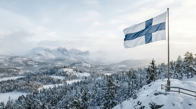 Snowy Finnish Landscape with Flag on Windy Cliff