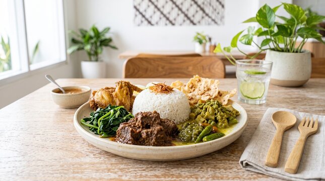 Nasi padang. Nasi padang komplit Indonesian. Indonesian Padang rice feast traditional dish. Traditional Indonesian Nasi Padang Rice Feast with Rendang Beef Vegetables and Crackers Served on Table.