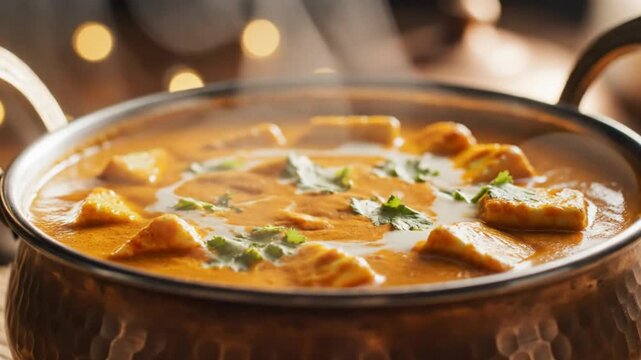 Delicious Indian Butter Chicken Curry Steaming in a Traditional Copper Pot.
