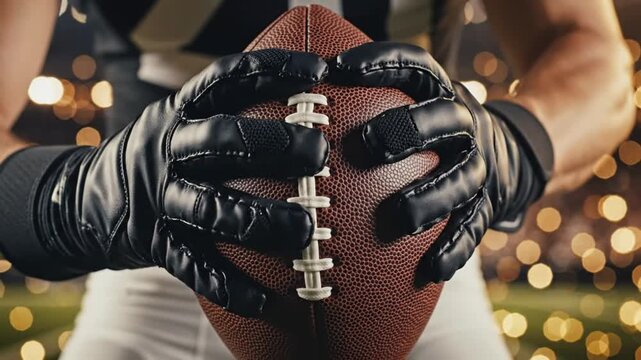 Close-up of American Football Players Hands in Gloves Holding Ball on Field with Bokeh Lights.