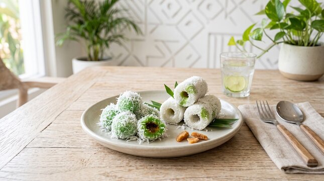 Klepon kue putu kue tradisional. Klepon putu manis Indonesian. Indonesian traditional sweet rice cake dessert. Traditional Indonesian Klepon Rice Cakes and Kue Putu Dessert with Grated Coconut Served 