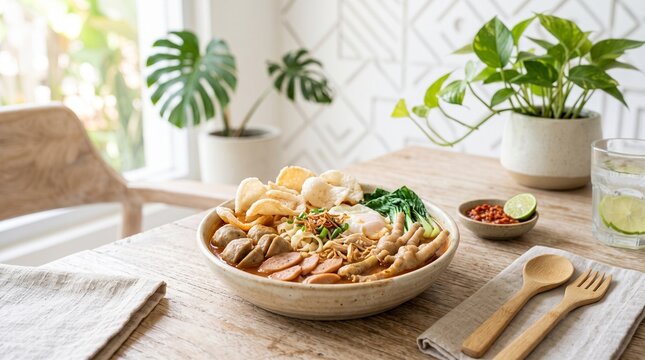 Seblak full toppings Indonesia. Indonesian Seblak Kerupuk Basah Pedas Toppings Khas Bandung. Spicy Indonesian Seblak Traditional Street Food with Full Toppings Served on Ceramic Plate in Bright Cafe.