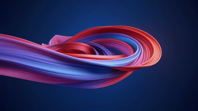 Abstract swirling ribbons of red, pink, and blue against a dark blue background.