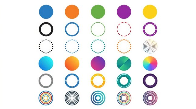 Minimalist circle icon set, 30 colorful geometric round shapes, flat and gradient circular design elements for web UI